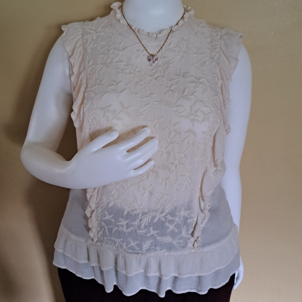 A.N.A Sleeveless Cream Blouse With Embroidered Foliage And Ruffles - Size XL